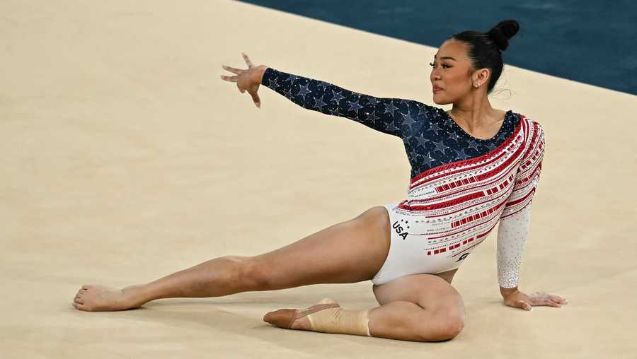 GYMNASTICS-ARTISTIC-OLY-PARIS-2024 US' Sunisa Lee competes in the floor exercise event of the artistic gymnastics women's team final during the Paris 2024 Olympic Games at the Bercy Arena in Paris, on July 30, 2024. (Photo by Paul ELLIS / AFP) (Photo by PAUL ELLIS/AFP via Getty Images)
