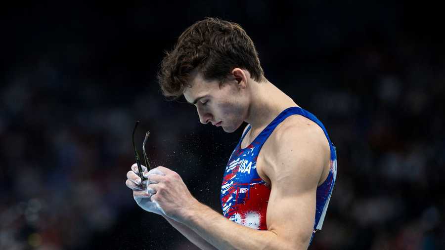 The Olympic Games-Paris 2024 PARIS, FRANCE: JULY 27: Stephen Nedoroscik of the United States prepares to perform his pommel horse routine during Artistic Gymnastics, Men's Qualification at the Bercy Arena during the Paris 2024 Summer Olympic Games on July 27th, 2024 in Paris, France. (Photo by Tim Clayton/Corbis via Getty Images)