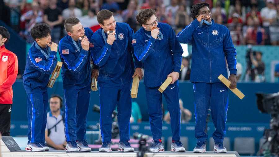 The Olympic Games-Paris 2024 PARIS, FRANCE: JULY 29: The United States team of Asher Hong, Paul Juda, Brody Malone, Stephen Nedoroscik and Frederick Richard on the podium with their bronze medals during the Artistic Gymnastics Men's Team Final at the Bercy Arena during the Paris 2024 Summer Olympic Games on July 29th, 2024 in Paris, France. (Photo by Tim Clayton/Corbis via Getty Images)