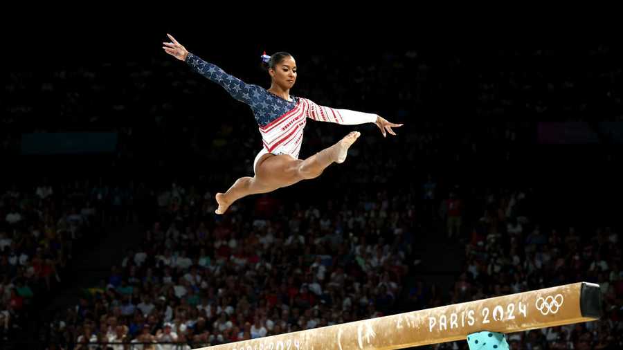 Artistic Gymnastics - Olympic Games Paris 2024: Day 4 PARIS, FRANCE - JULY 30: Jordan Chiles of Team United States competes on the balance beam during the Artistic Gymnastics Women's Team Final on day four of the Olympic Games Paris 2024 at Bercy Arena on July 30, 2024 in Paris, France. (Photo by Naomi Baker/Getty Images)