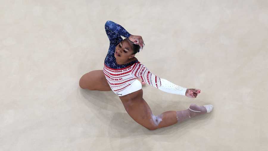 Artistic Gymnastics - Olympic Games Paris 2024: Day 4 PARIS, FRANCE - JULY 30: (EDITORS NOTE: Image was captured using a robotic camera positioned above the field of play) Jordan Chiles of Team United States competes in the floor exercise during the Artistic Gymnastics Women's Team Final on day four of the Olympic Games Paris 2024 at Bercy Arena on July 30, 2024 in Paris, France. (Photo by Dan Mullan/Getty Images)