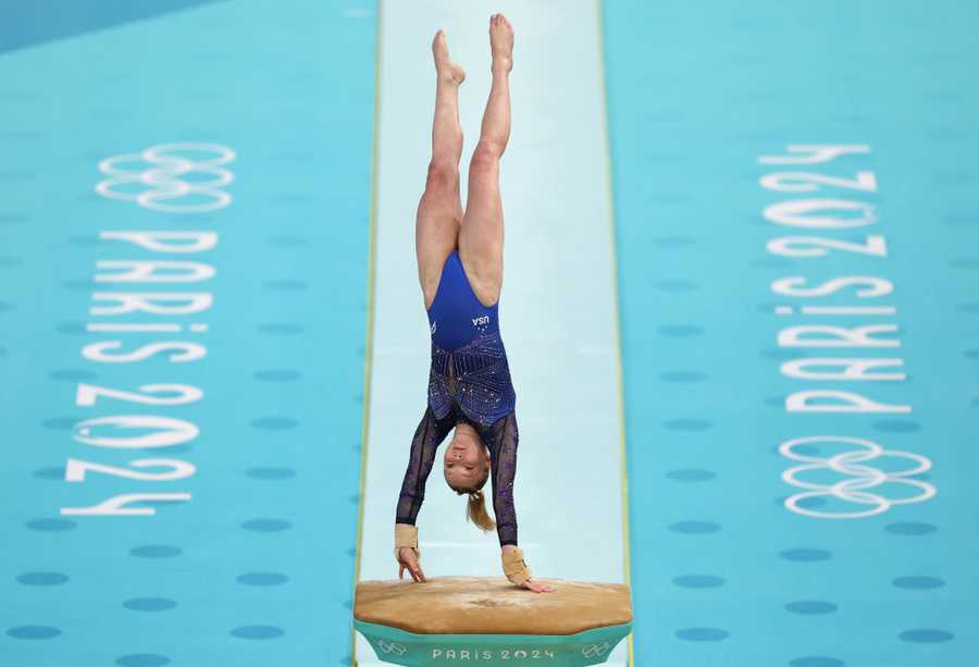 Artistic Gymnastics - Olympic Games Paris 2024: Day 8 PARIS, FRANCE - AUGUST 03: Jade Carey of Team United States competes during the Artistic Gymnastics Women's Vault Final on day eight of the Olympic Games Paris 2024 at Bercy Arena on August 03, 2024 in Paris, France. (Photo by Jamie Squire/Getty Images)